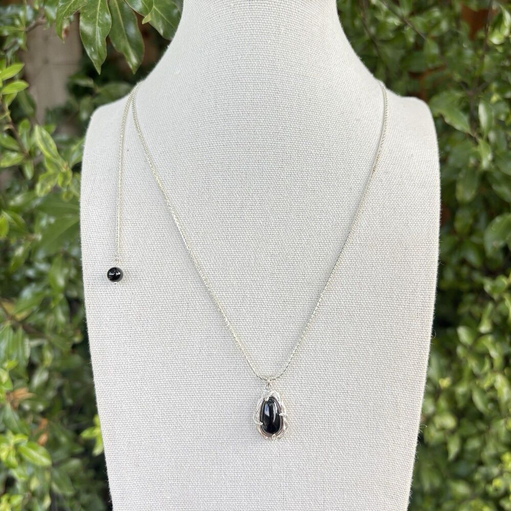 925 Sterling Silver Adjustable Lariat Necklace with Black Onyx Pendant 26” 10.8g - Picture 3 of 8